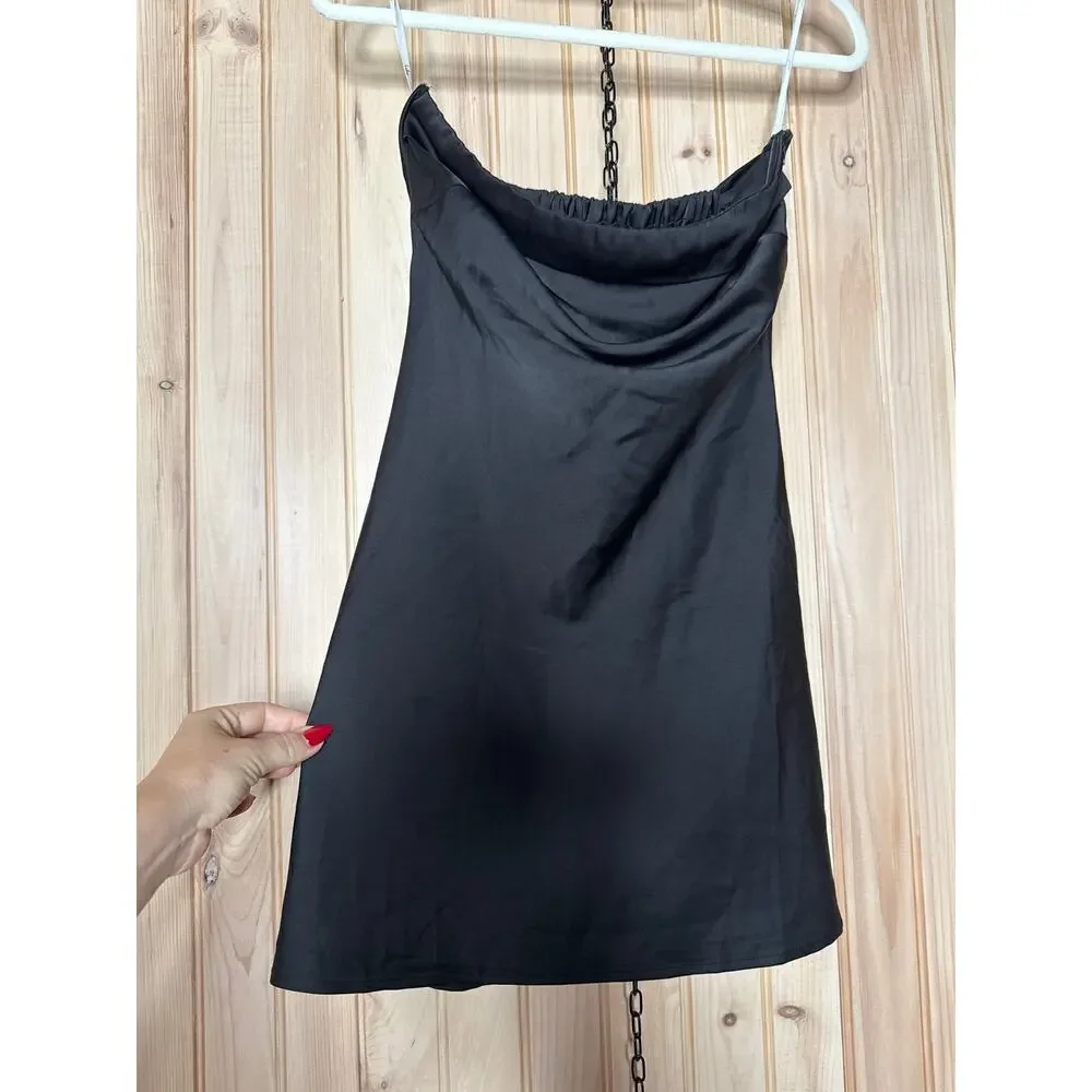 NWT Lulus Exquisite Approach Black Satin Strapless Cowl Back Mini Dress Size S - Picture 2 of 6